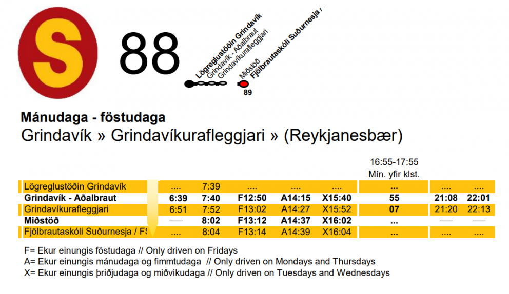 Ný tímatafla fyrir leið 88 - Grindavík