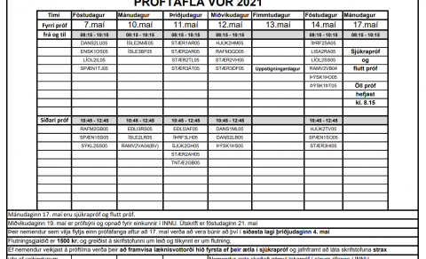 Próftafla vorannar 2021